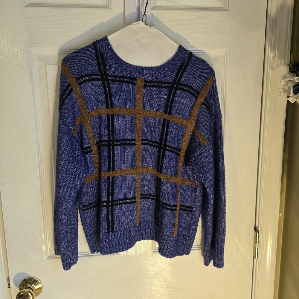 Nine West Blue Cable Knit Sweater with Plaid Pattern Size Large